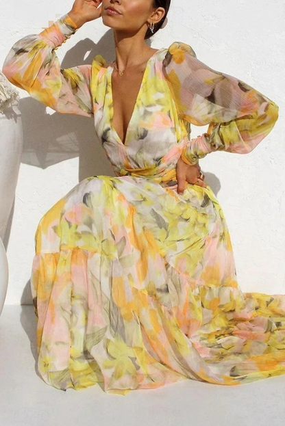 A-Line Wedding Guest Dresses Floral Dress Long Sleeve V Neck Polyester with Floral Print