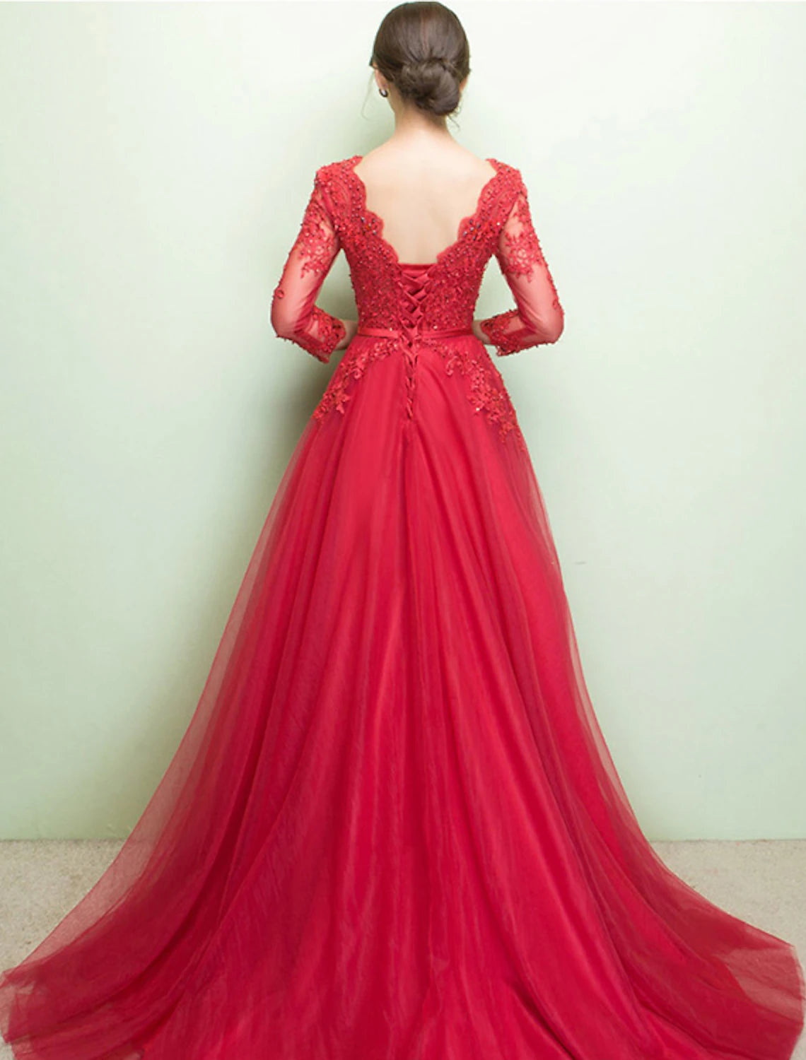 A-Line Evening Gown Prom Dress Chapel Train Half Sleeve Illusion Neck Tulle with Beading Appliques