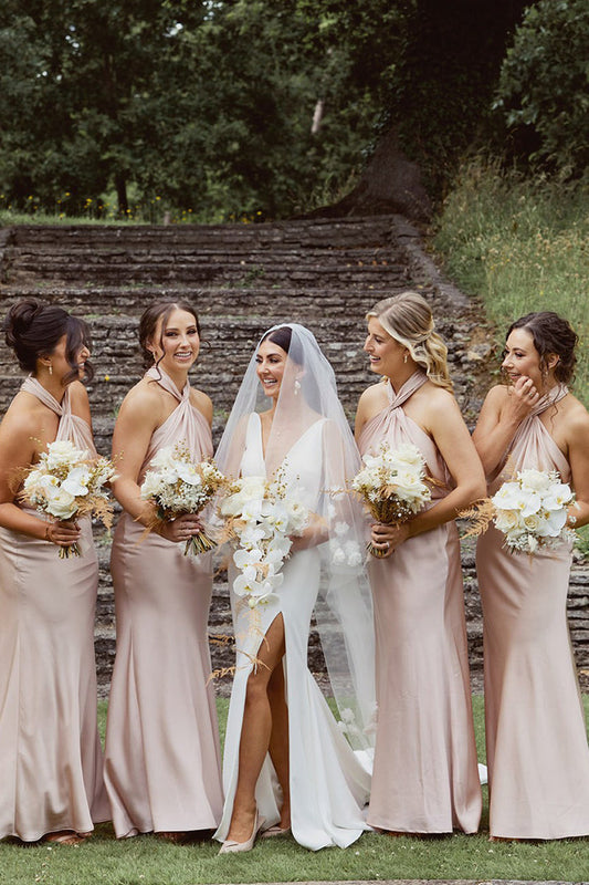 Charming Sheath Mermaid Halter Blush Pink Satin Bridesmaid Dress