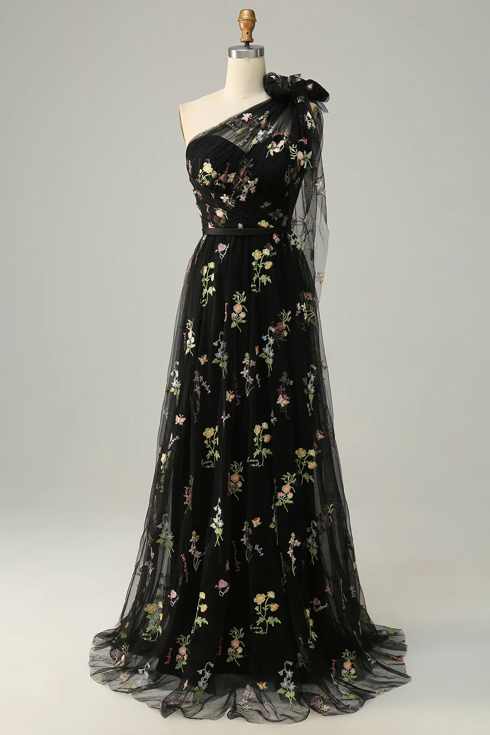 A-Line Grey Blue Tulle Floor-length Prom Dress With Embroidery