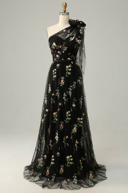 A-Line Grey Blue Tulle Floor-length Prom Dress With Embroidery
