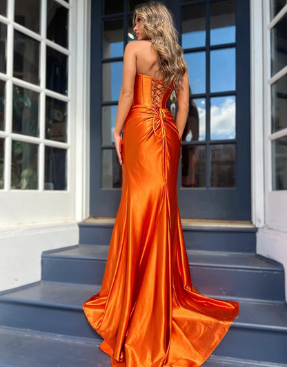 Orange Strapless Mermaid Off The Shoulder Long Prom Dress With Slit