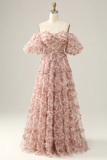 A-Line Floor-length Flower Off The Shoulder Prom Dress