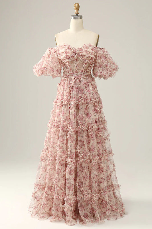 A-Line Floor-length Flower Off The Shoulder Prom Dress