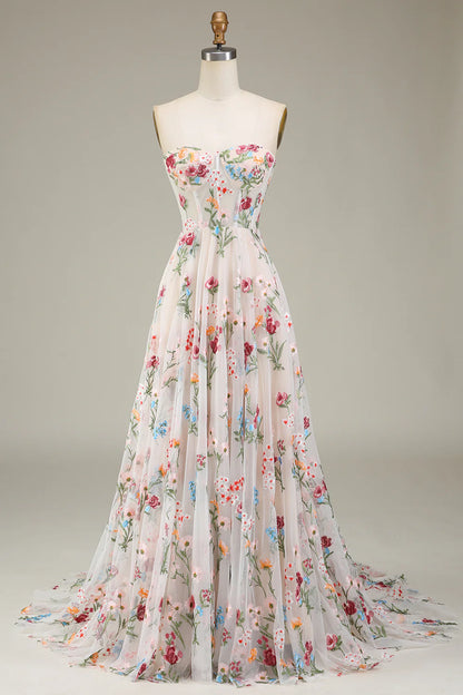 A-Line Sweetheart Corset Prom Dress Court Train Dresses With Flower