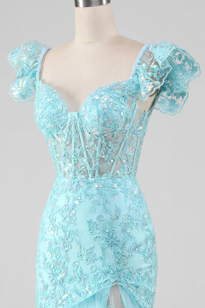 Mermaid Off the Shoulder Lace and Sequin Prom Dress with Slit