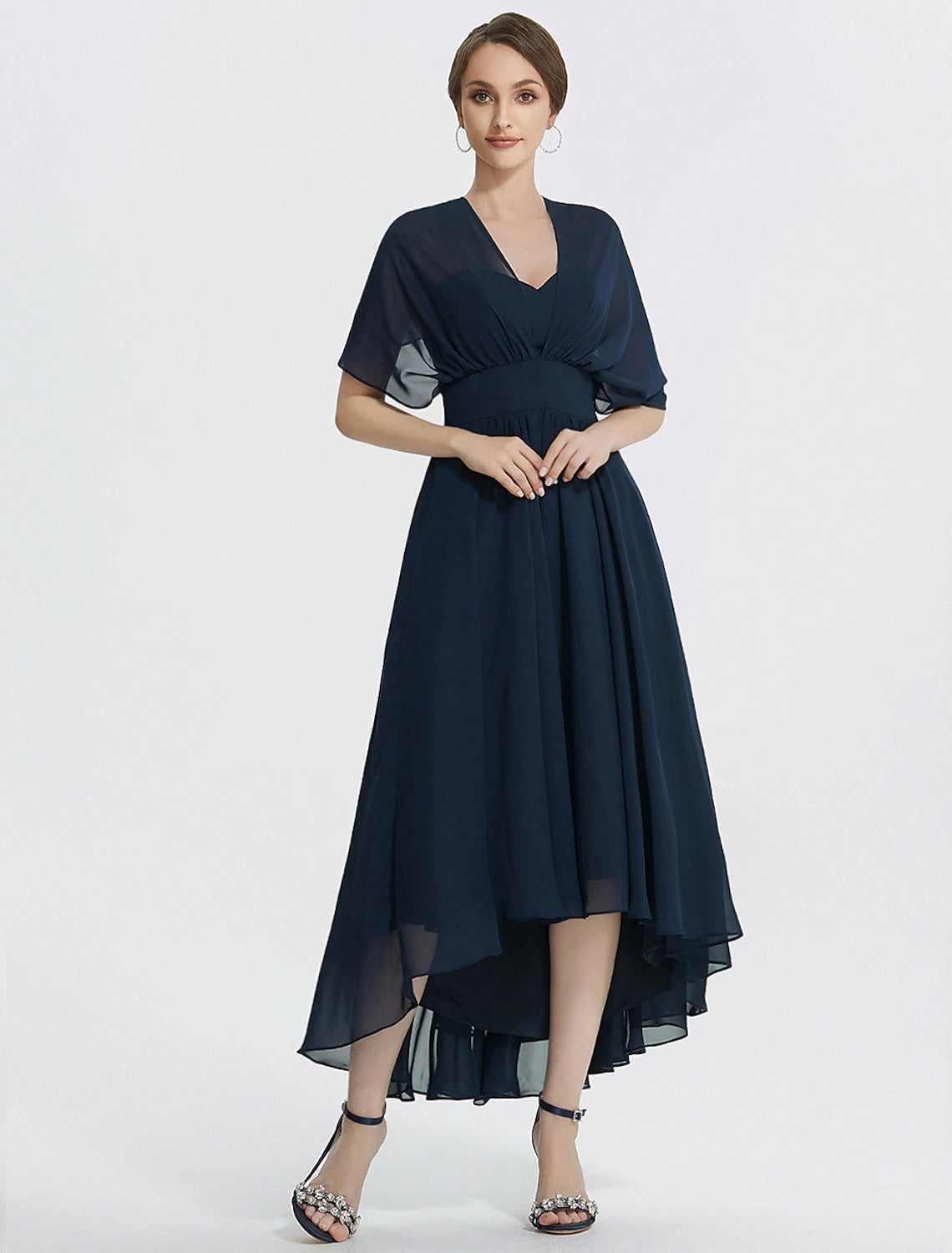 A-Line Cocktail Dresses Tea Length Short Sleeve Off Shoulder Convertible Chiffon with Ruched