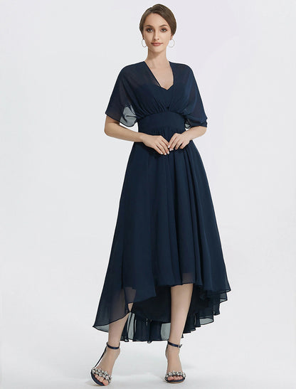 A-Line Cocktail Dresses Tea Length Short Sleeve Off Shoulder Convertible Chiffon with Ruched