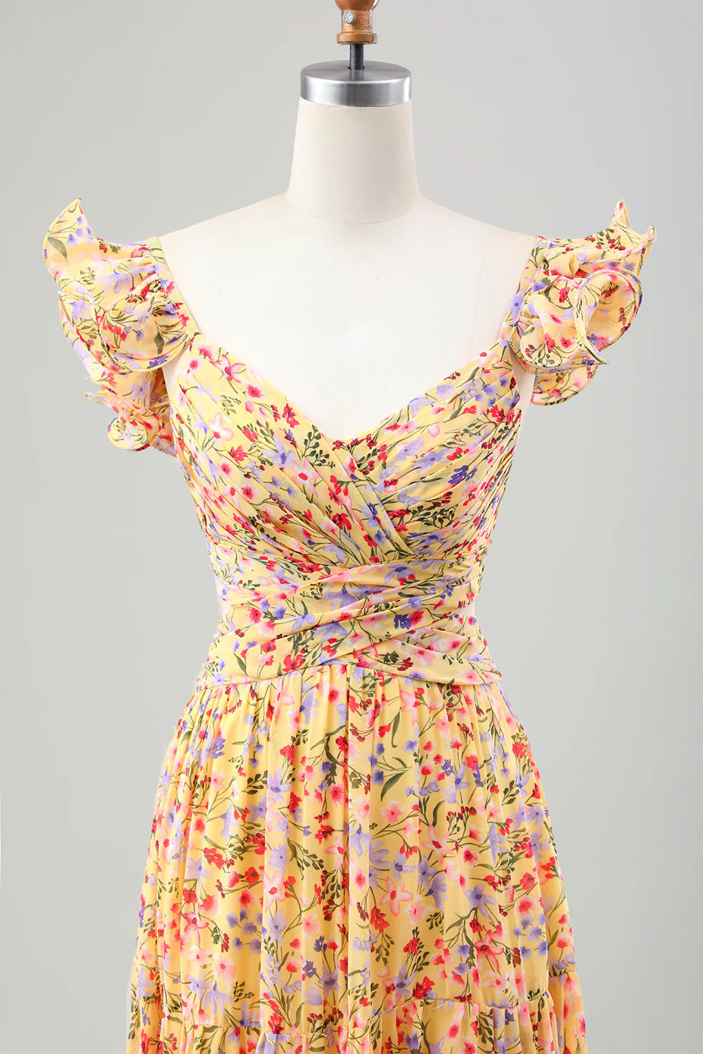 Yellow Flower A Line V Neck Print Pleated Tea Length Midi Dress Bridesmaid Dresses with Slit