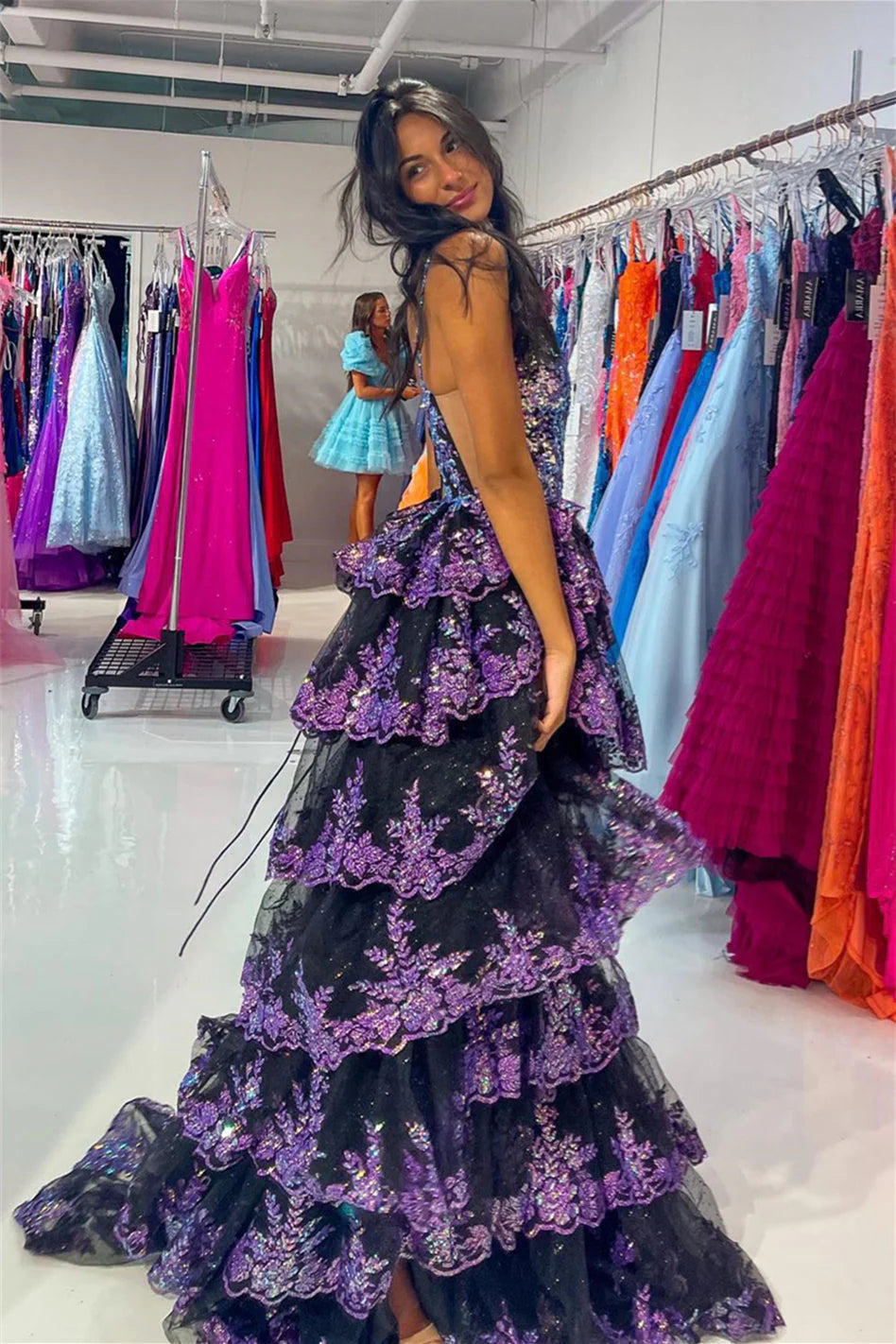 A-line Straps Multi-Layers Sequined Long Prom Dress with Slit