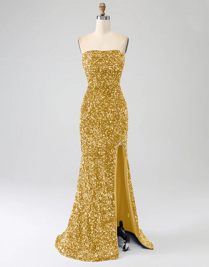 Mermaid Dark Green Sheath Strapless Tight Sequin Side Slit Prom Dress