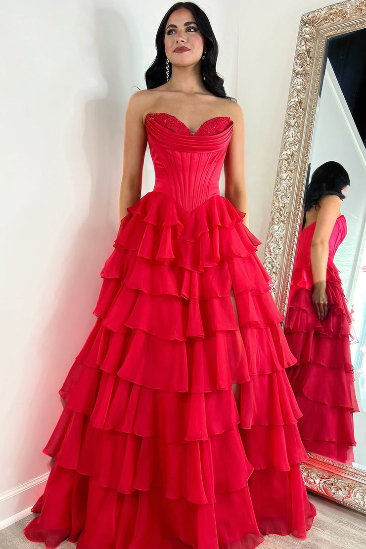 Cute A Line Sweetheart Red Chiffon Tiered Long Prom Dresses with Slit