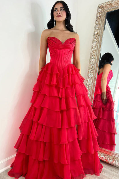 Cute A Line Sweetheart Red Chiffon Tiered Long Prom Dresses with Slit