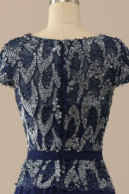 A-Line Navy Round Neck Mother of Bride Dress Wedding Guest Dresses with Sequins