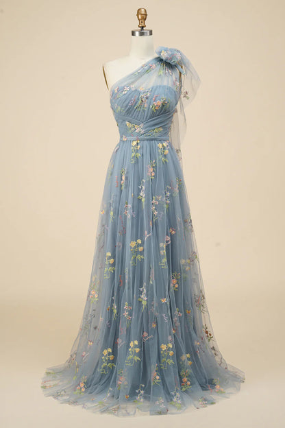 A-Line Grey Blue Tulle Floor-length Prom Dress With Embroidery