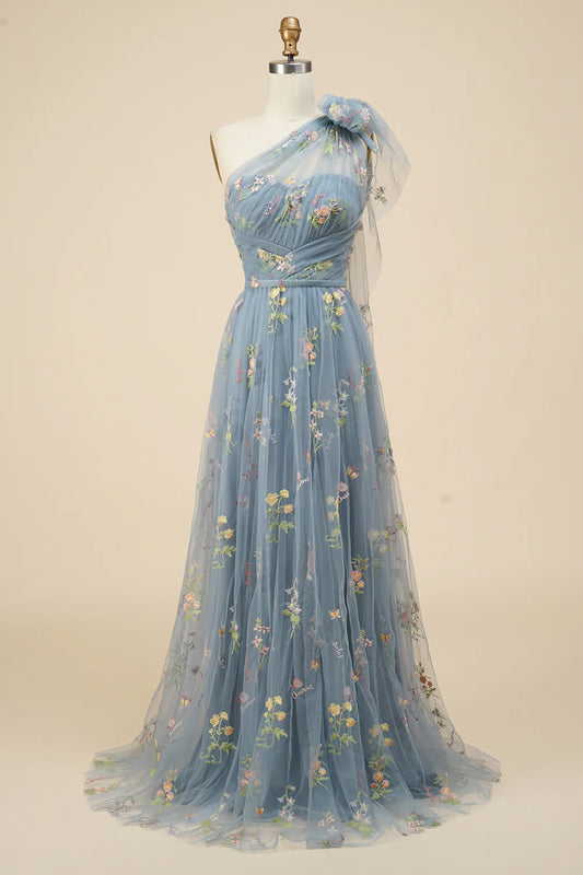 A-Line Grey Blue Tulle Floor-length Prom Dress With Embroidery