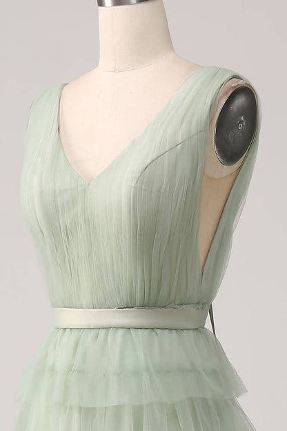 V-Neck Sage Green Tiered Floor-length A-Line Maxi Dress