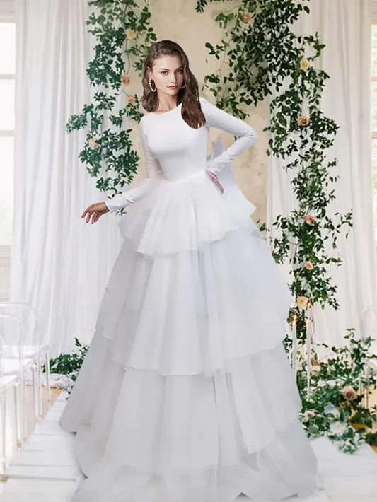 A-Line Wedding Dresses Jewel Neck Tulle Italy Satin Long Sleeve Formal Simple Luxurious Backless with Cascading Ruffles