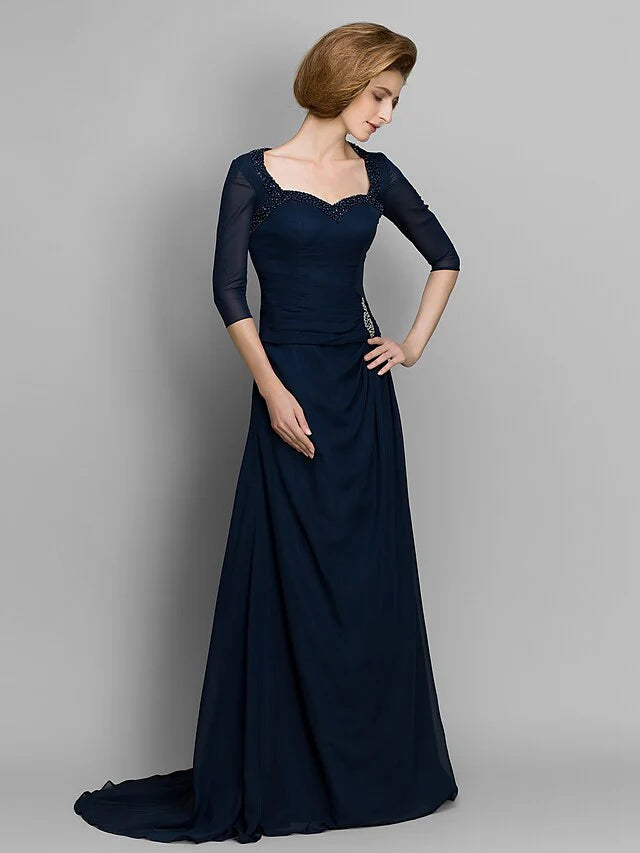A-Line Mother of the Bride Dress Elegant Sweetheart Neckline Chiffon Length Sleeve with Ruched Beading