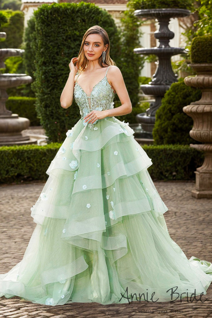 Gorgeous Ball Gown V Neck Sage Green Tulle Long Prom Dress with Appliques