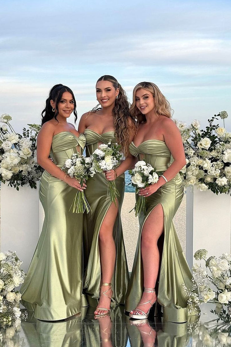 Charmign Mermaid Sweetheart Sage Green Long Bridesmaid Dresses with Slit