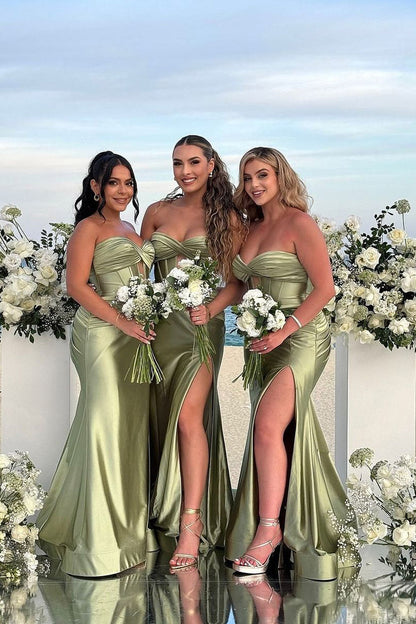 Charmign Mermaid Sweetheart Sage Green Long Bridesmaid Dresses with Slit