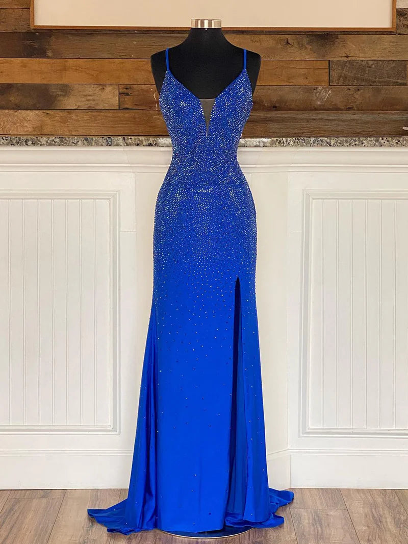 Royal Blue Mermaid V Neck Beaded Jersey Prom Dress with Slit