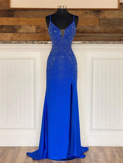 Royal Blue Mermaid V Neck Beaded Jersey Prom Dress with Slit
