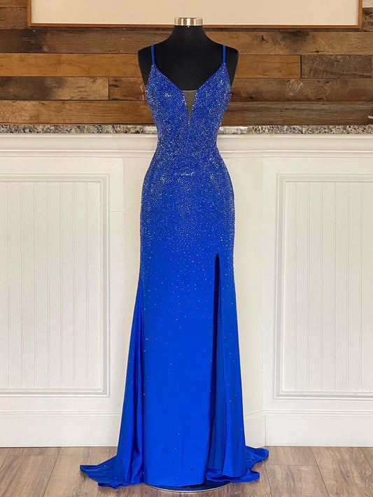 Royal Blue Mermaid V Neck Beaded Jersey Prom Dress with Slit