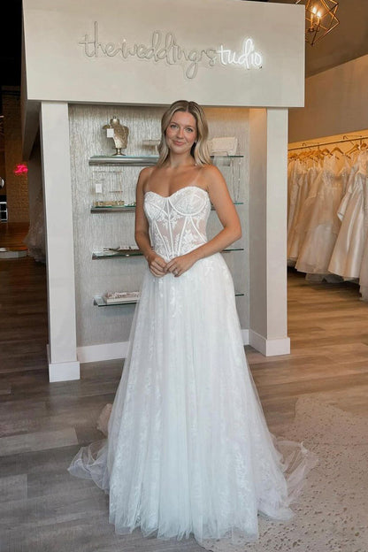 Boho A-Line Strapless Tulle Lace Wedding Dresses with Train