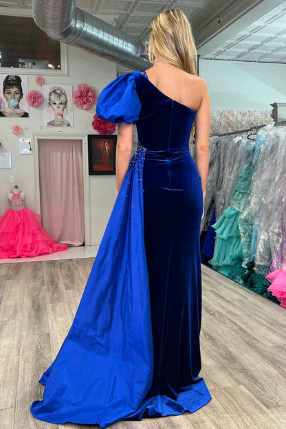 Royal Blue One Shoulder Balloon Sleeve Mermaid Slit Prom Dress with Cape
