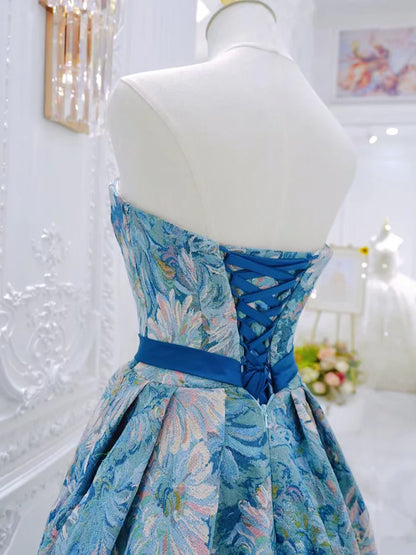 A-Line Flower Satin Blue Long Prom Dress Formal Dress