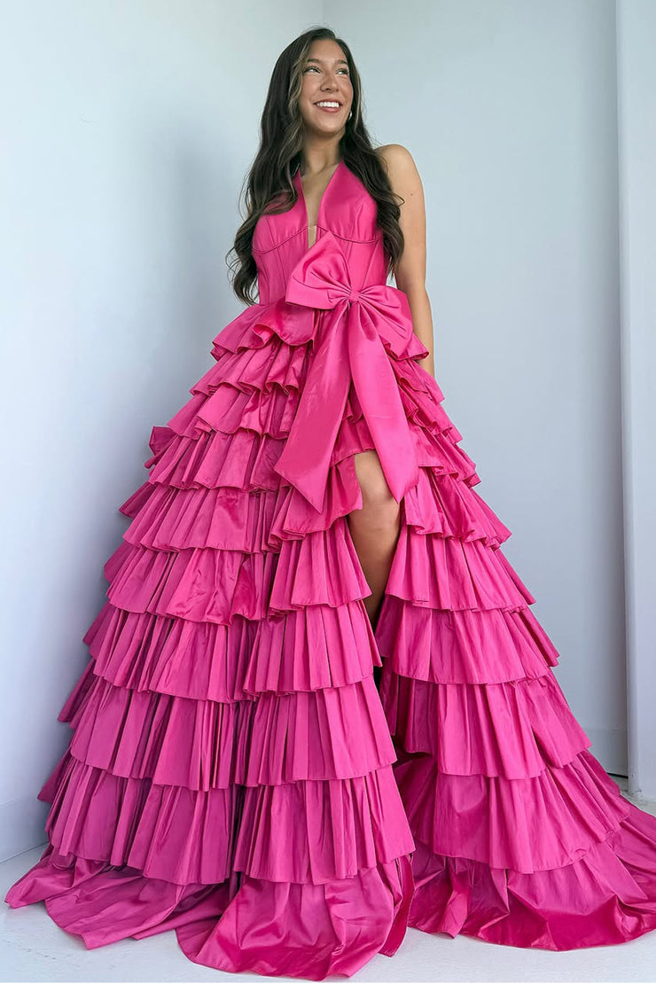 Ball Gown Halter Fuchsia Satin Ruffle Tiered Long Prom Dresses with Bowknot
