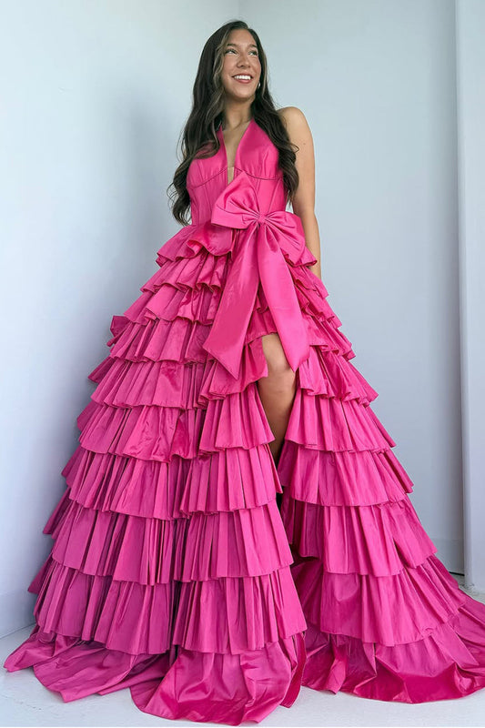 Ball Gown Halter Fuchsia Satin Ruffle Tiered Long Prom Dresses with Bowknot