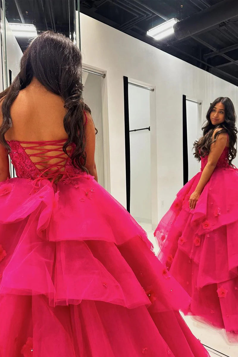 Fuchsia Sweetheart Tiered Tulle Ball Gown Princess Dress  Prom Dresses with Appliques
