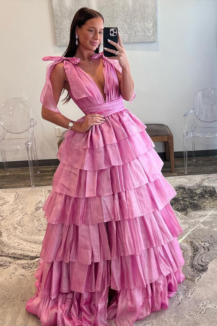 Cute Ball Gown V Neck Pink Sparkly Organza Prom Dresses