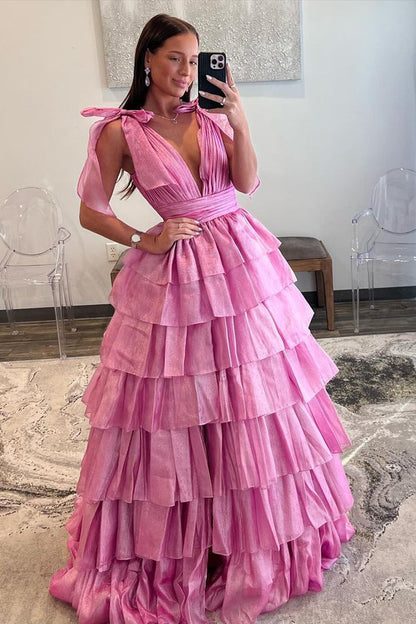 Cute Ball Gown V Neck Pink Sparkly Organza Prom Dresses