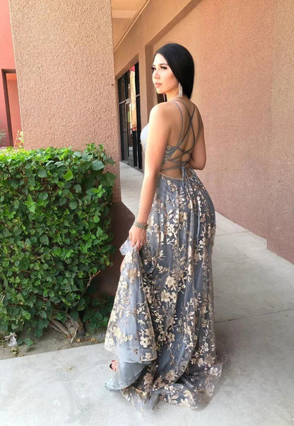 A-Line Backless Long Prom Dresses Grey V-Neck Evening Dresses