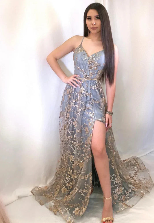 A-Line Backless Long Prom Dresses Grey V-Neck Evening Dresses