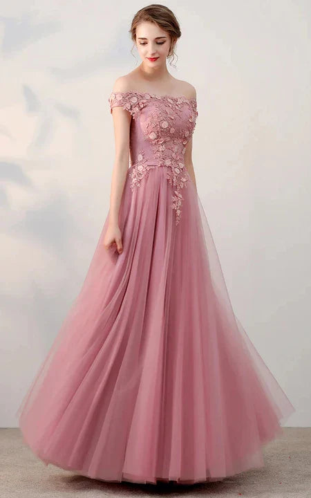 A-Line Blush Off-the-shoulder Empire Tulle Lace Applique Pleated Floor-length Sleeveless Prom Dress