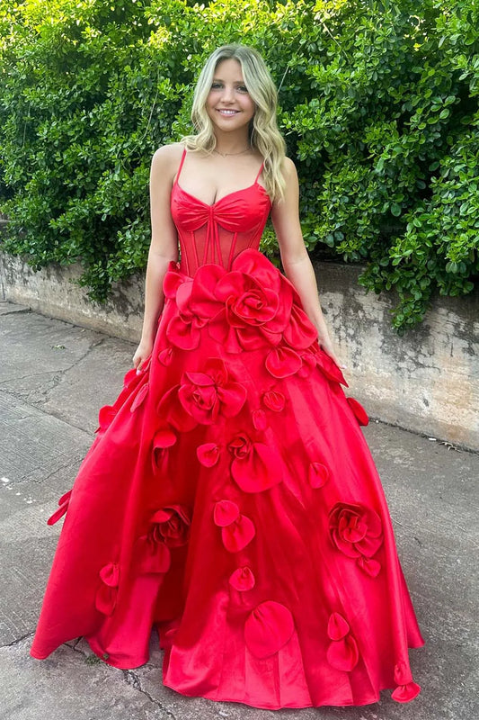 A-Line Cute Red Prom Dress with Flowers