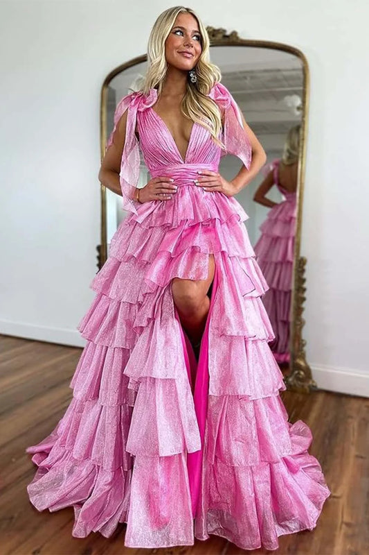 A-Line Deep V-neck Tiered Prom Dress with Straps Bows