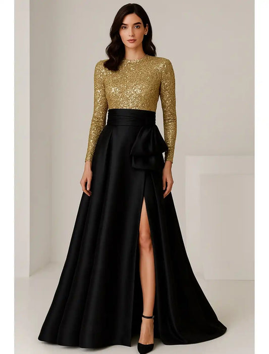 A-Line Evening Gown Elegant Dress Formal Wedding Floor Length Long Sleeve Crew Neck Champagne Mother Of the Bride Dress Satin with Bow(s) Slit