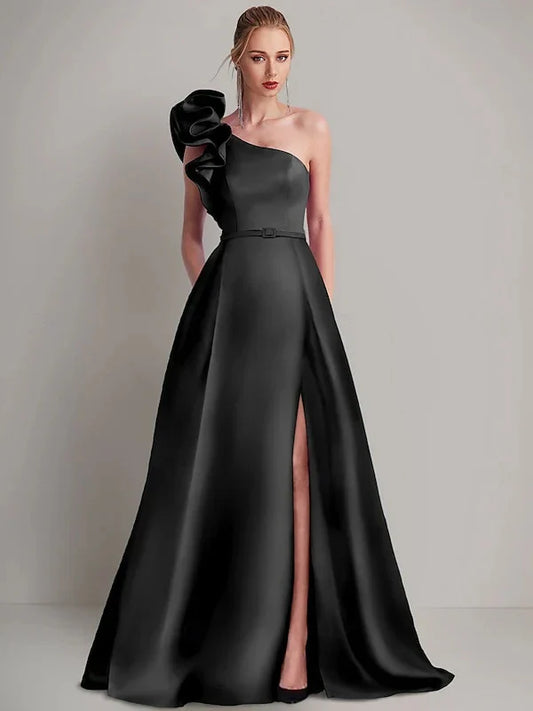 A-Line Floor Length Sleeveless One Shoulder Wedding Guest Dress Satin with Pocket Shoulder Flower