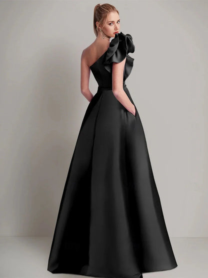 A-Line Floor Length Sleeveless One Shoulder Wedding Guest Dress Satin with Pocket Shoulder Flower