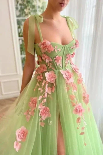 A-Line Floral Formal Dress for Wedding Guests Tulle Sweetheart