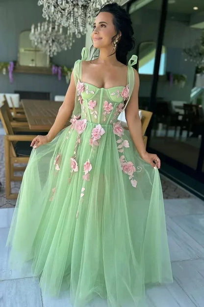 A-Line Floral Formal Dress for Wedding Guests Tulle Sweetheart