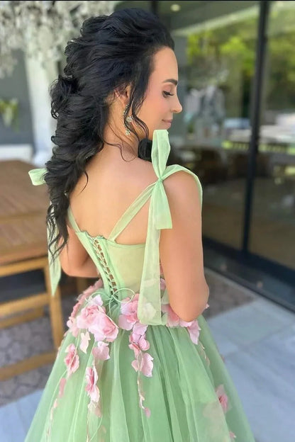 A-Line Floral Formal Dress for Wedding Guests Tulle Sweetheart