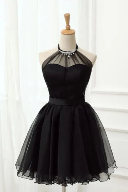 Elegant A-Line Halter Neck Rhinestone Tulle Black Short Homecoming Dress for Women