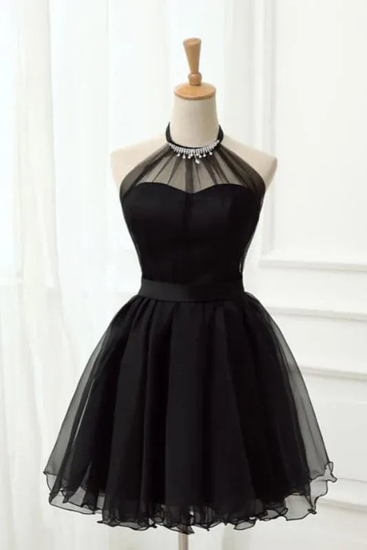 A-Line Halter Neck Rhinestone Tulle Black Short Homecoming Dress For Women